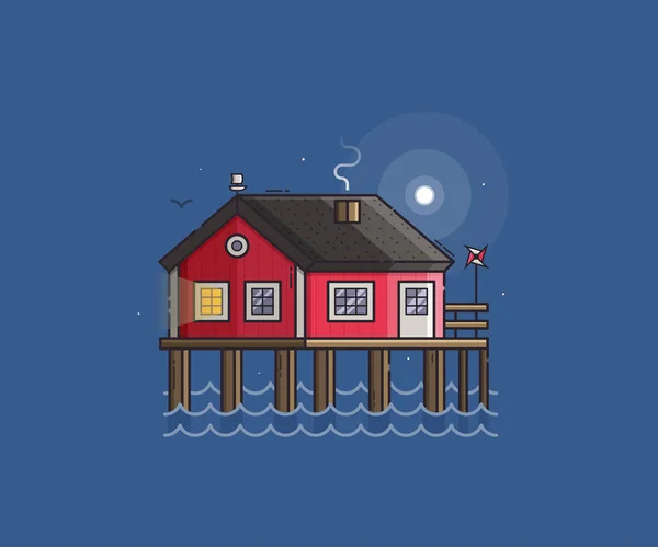 Red Fisherman Stilt House — Stock Vector