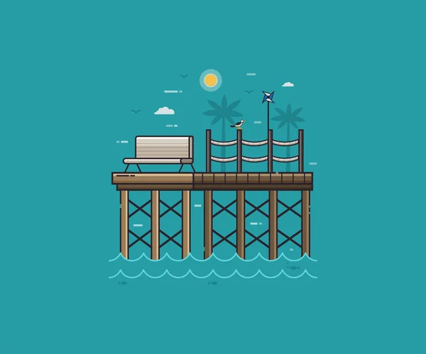 Holzsteg oder Seebrücke am Meer — Stockvektor