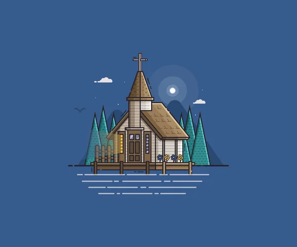 Wooden Church on the Lake — Stock Vector