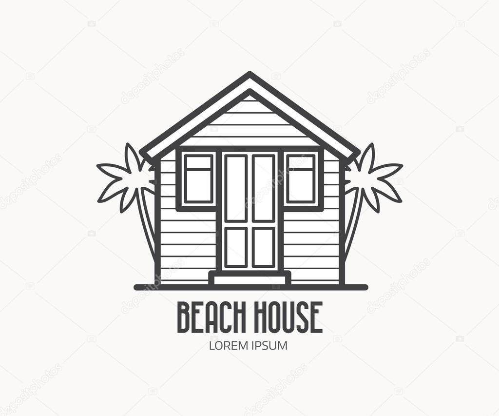 Summer bath house vector illustration. Beach house logo or label template in linear style. Travel agency logotype in thin line design. Beach hut outline icon.