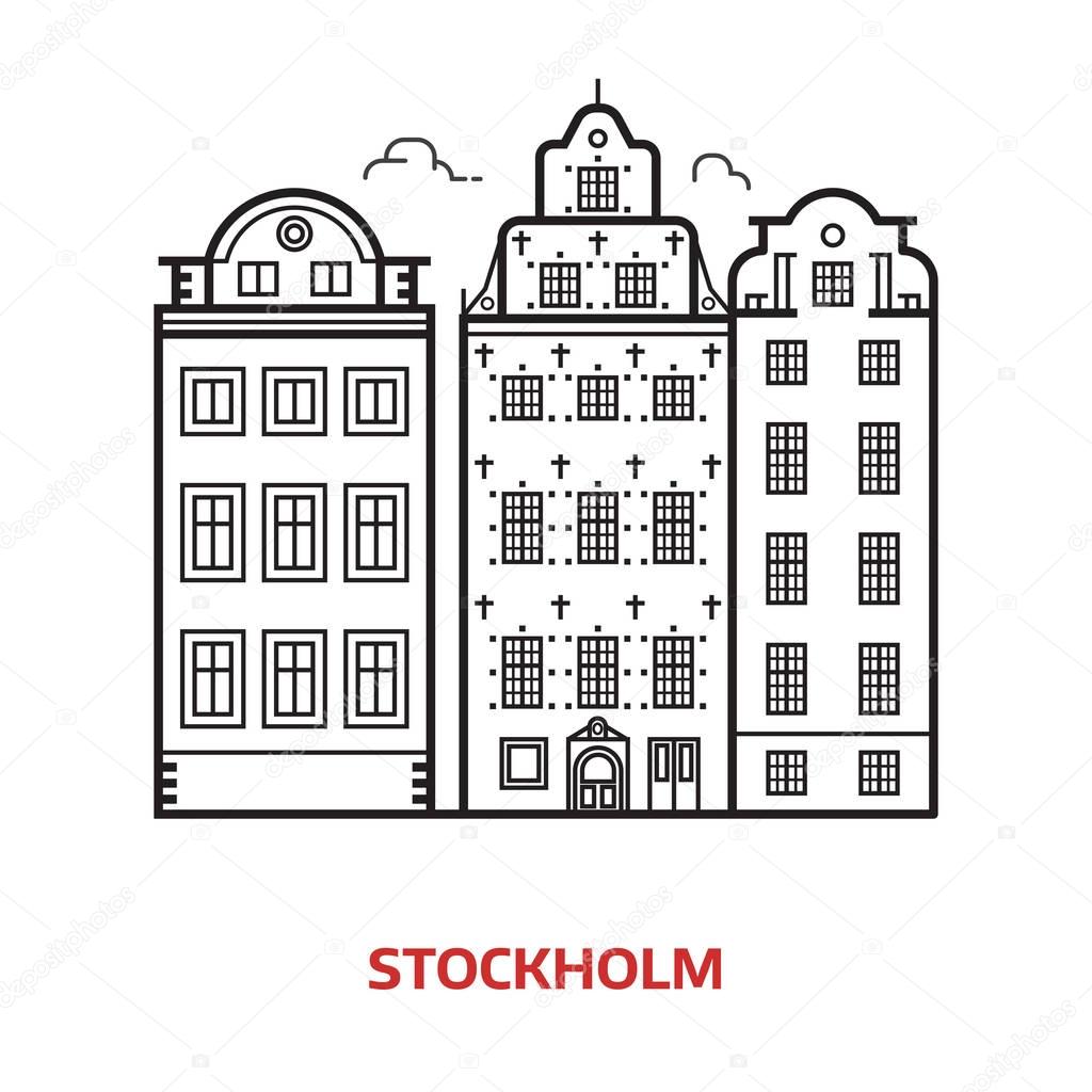 Travel Stockholm landmark icon. Scandinavian houses is one of the famous architectural tourist attractions in capital of Sweden. Thin line Europe Old town vector illustration in outline design.