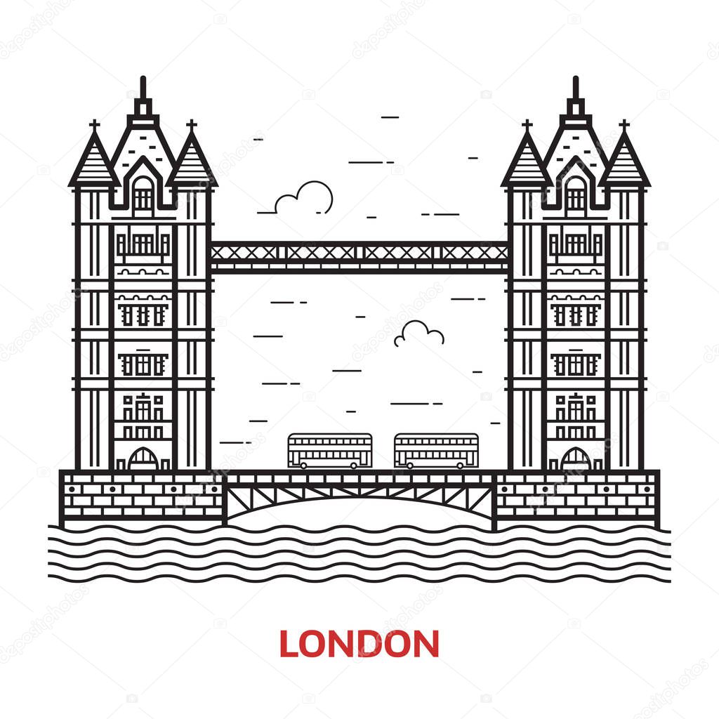 Travel London landmark icon. Tower bridge is one of the famous architectural tourist attractions in capital of Great Britain. Thin line England destination vector illustration in outline design.