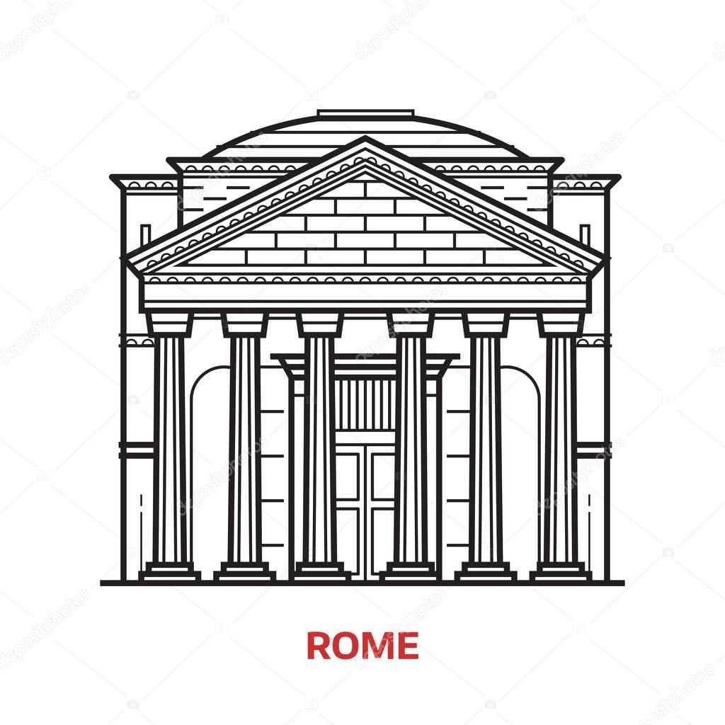 Travel Rome landmark icon. Parthenon is one of the famous architectural tourist attractions in capital of Italy. Thin line ancient column temple vector illustration in outline design.