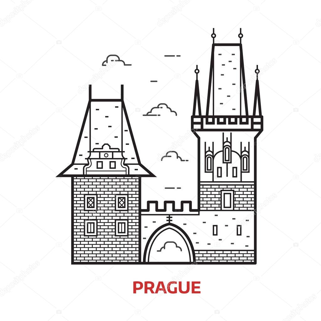 Travel Prague landmark icon. Charles bridge towers on Vltava river is famous architectural tourist attraction in Czech Republic capital. Line Prague destination vector illustration in outline design.