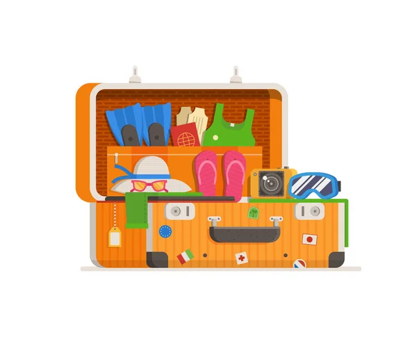 Ταξίδια βαλίτσα γεμάτη δραστηριότητες — Διανυσματικό Αρχείο