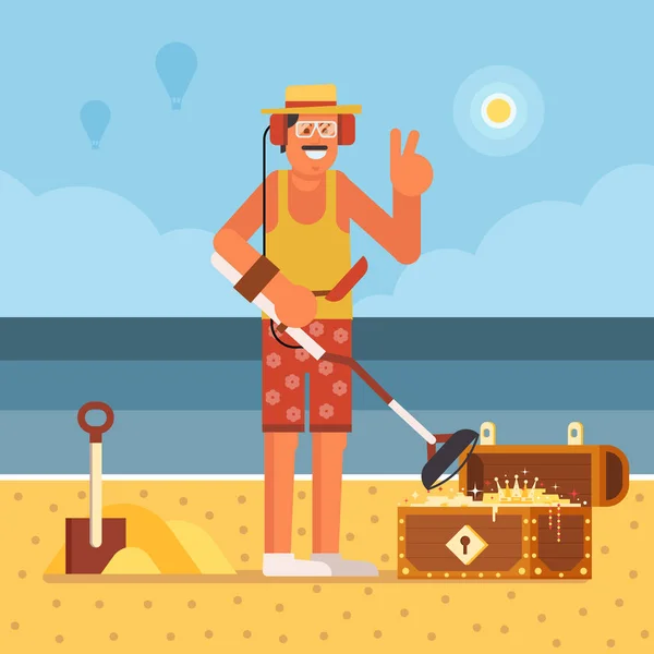 Beach Treasure Hunter com detector de metais — Vetor de Stock