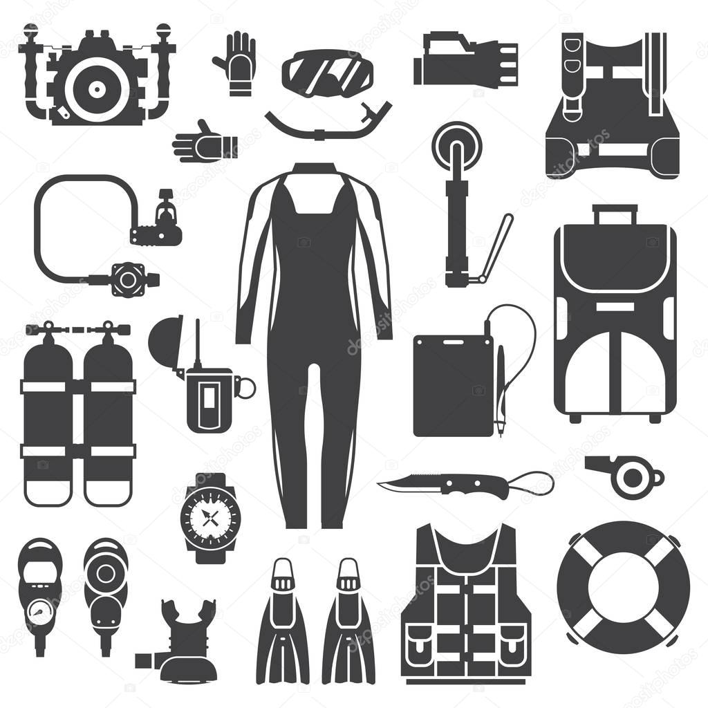 Scuba Diving and Snorkeling Gear Icons