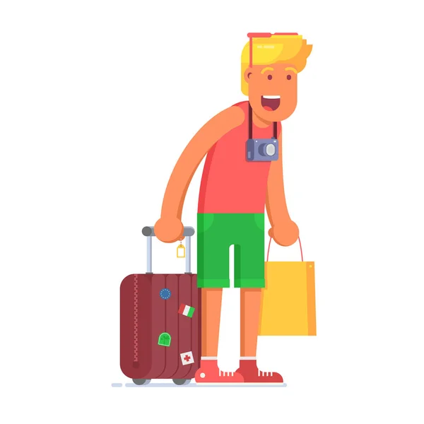 Έκπληκτος ξανθά τουριστικά άνθρωπος με αποσκευές — Διανυσματικό Αρχείο