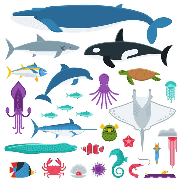 Sea Life and Underwater Animals and Fishes - Stok Vektor