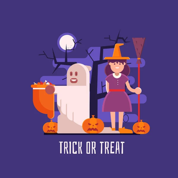 Truque ou tratar crianças Halloween Card — Vetor de Stock