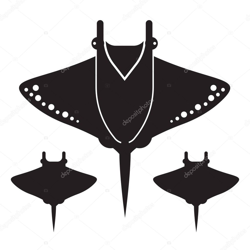 Silhouette of stingray isolated on white background. Manta ray vector icon in outline style. Devilfish top view logo or label template.