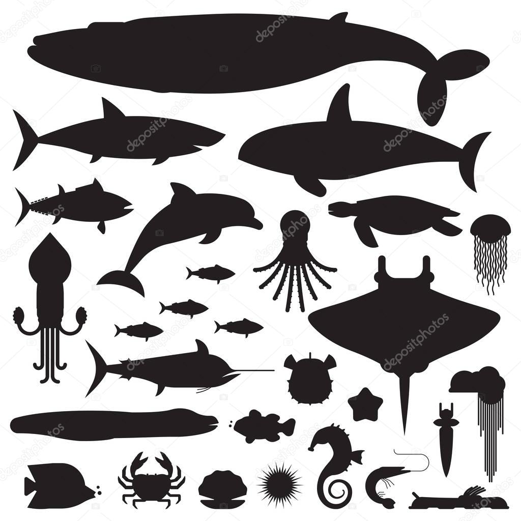 Underwater animals and sea creatures logo or label templates. Ocean and marine fishes and other aquatic life silhouette collection. Blue whale, devilfish, dolphin, orca, octopus, mollusks icons.