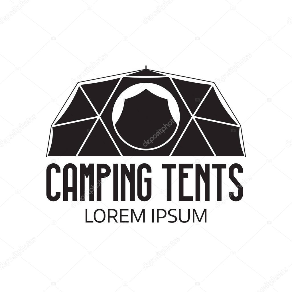Camping place logo or label template. Outline geodesic tent icon. Hiking and camping tents logotype.