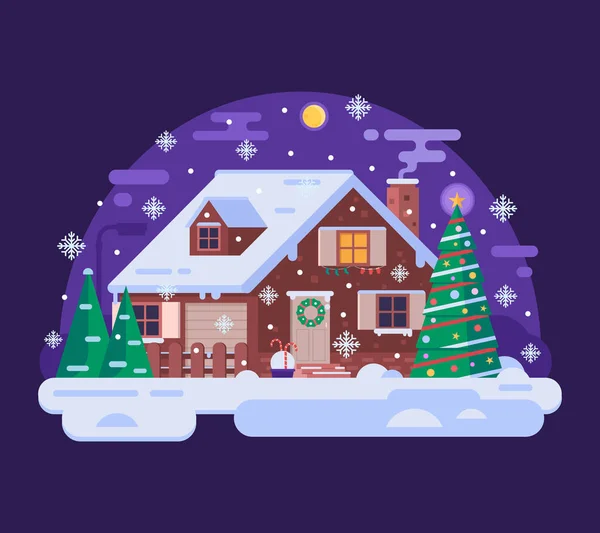 Cartoon Maison de Noël par Nuit d'hiver enneigée — Image vectorielle