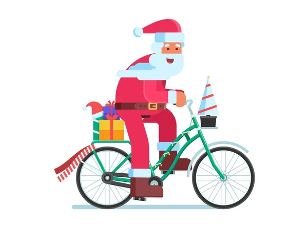 Santa med presentpåse på jul cykel — Stock vektor