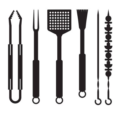 Anahat tasarım ızgara ve barbekü aletleri simgeler. Barbekü araçları logo veya etiketi şablonu. Barbekü ekipman siluet koleksiyonu.