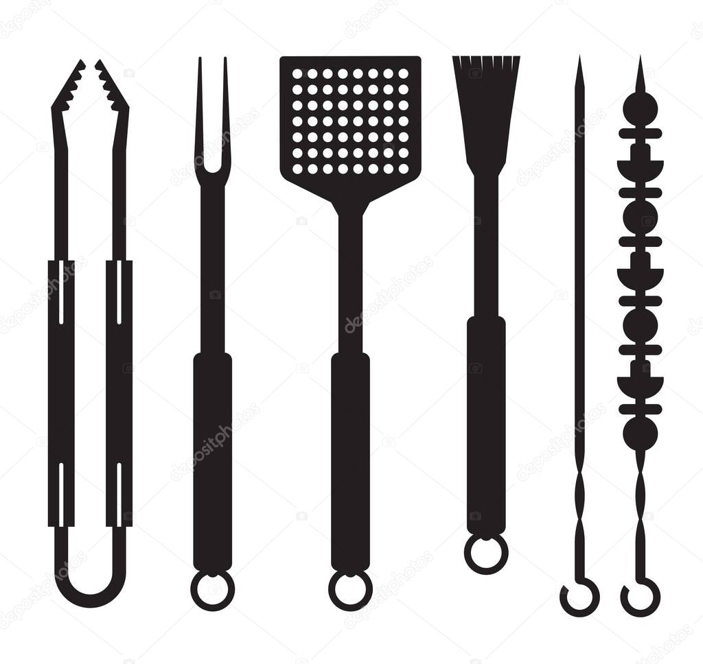 Grill and barbecue utensils icons in outline design. BBQ tools logo or label template. Barbeque equipment silhouette collection.