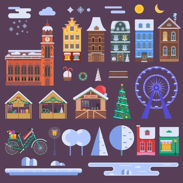 Winter City Constructor Diatur Dengan European Christmas House Festive Market - Stok Vektor