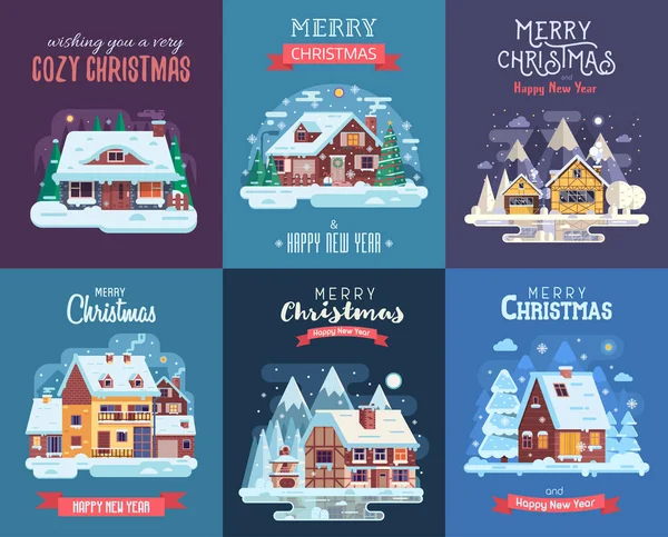 Carte de Noël avec Forest Winter House la nuit — Image vectorielle