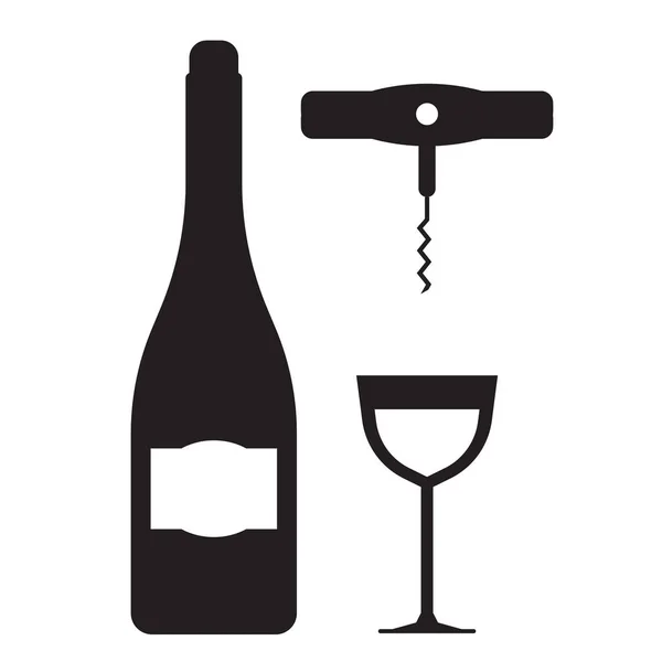 Bouteille de vin, verre et icônes tire-bouchon — Image vectorielle