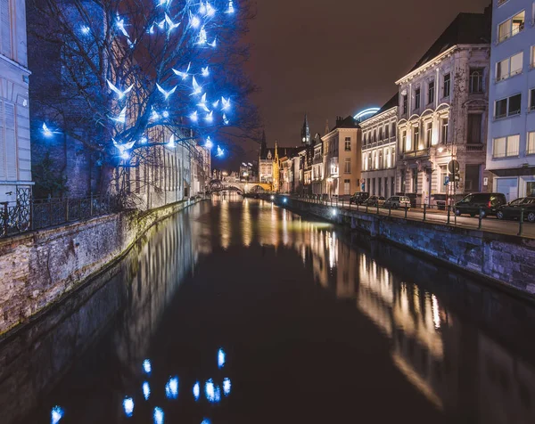 Ghent Christmas Illumination and Canal by Night — Stock Photo, Image