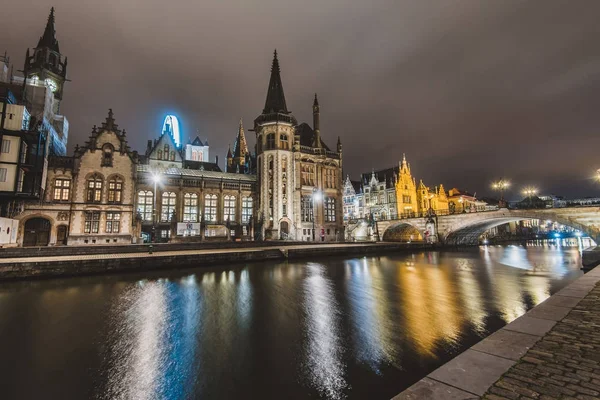 Graslei Embankment by Night in Gent — Stok fotoğraf