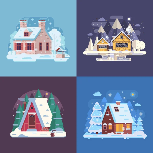 Rural Winter Houses and Cabins Landscapes - Stok Vektor