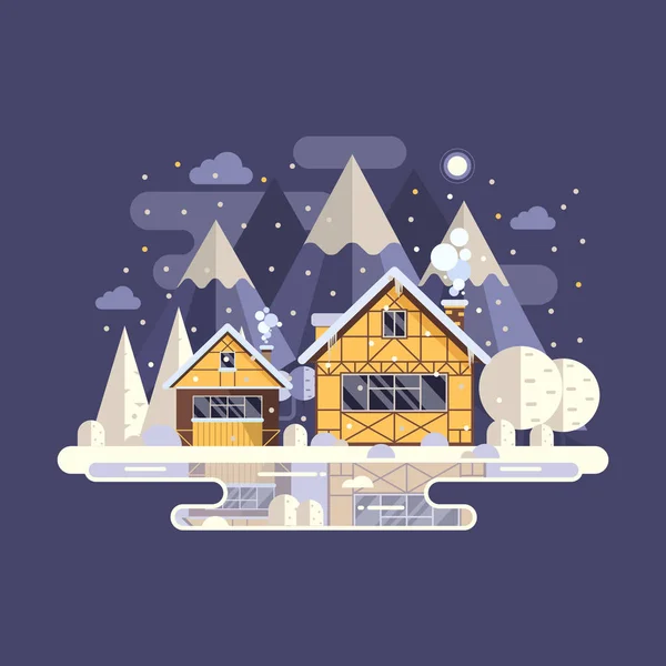 Maison de montagne d'hiver avec cheminée — Image vectorielle