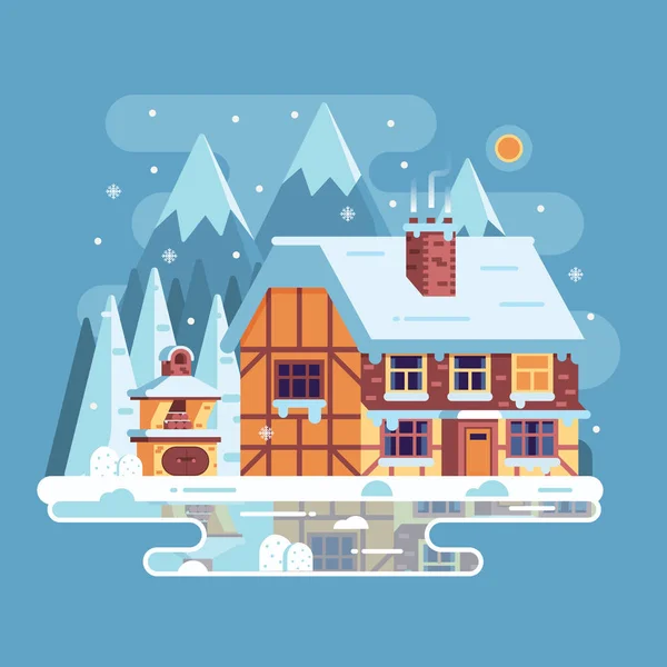 Casa de montaña de invierno con chimenea — Vector de stock