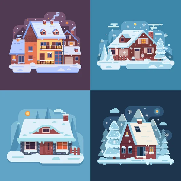 Kırsal kış evleri ve kabin manzara — Stok Vektör