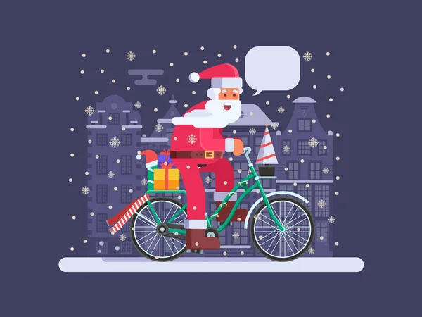Weihnachtsmann mit Geschenktüte auf Weihnachtsfahrrad — Stockvektor