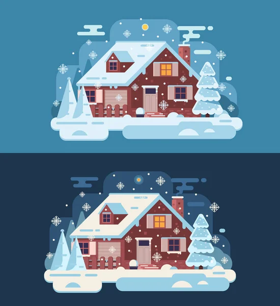 Vinter hus med skorsten — Stock vektor