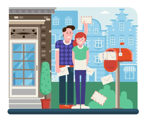 Pareja recibiendo correo de buzón — Vector de stock