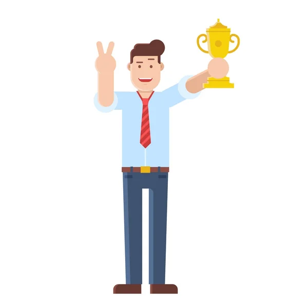 Successful Man Holding Trophy Cup — Stock Vector