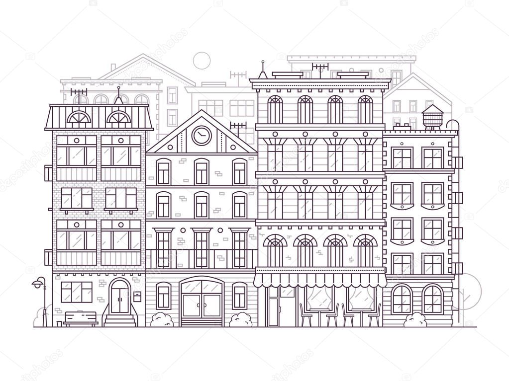 Monochrome Europe city street scene with old european houses facades. Modern town neighborhood skyline with old townhouse residential buildings in line art. Outline San Francisco cityscape background.