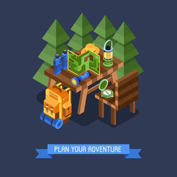 Escursionismo e Campeggio Isometric BannerEscursionismo e Camping Isometric Banner — Vettoriale Stock