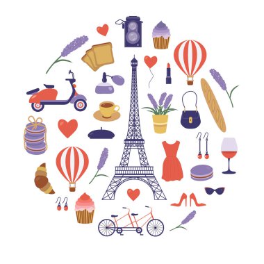 Romantik Fransız seyahat öğeleri kümesiyle Paris