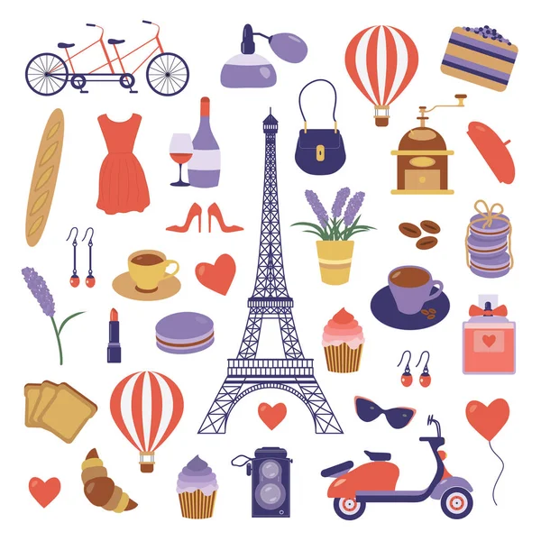 Παρίσι σετ με στοιχεία ρομαντικά ταξίδια — Διανυσματικό Αρχείο