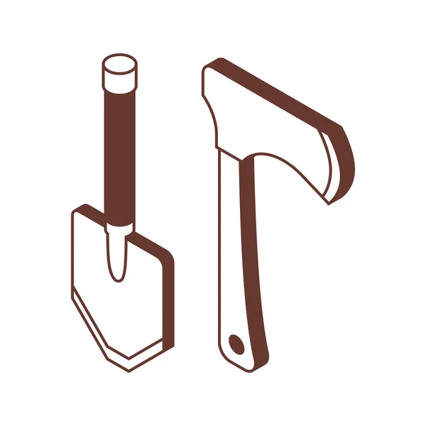 Shovel Hatchet Isometric Icon Line Art Tourist Dig Isometry Style — Stock Vector