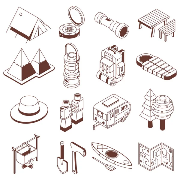 Camping and Hiking Isometric Monochrome Icons — Stock Vector