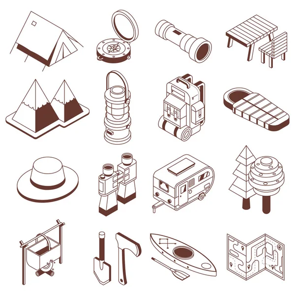 Camping y senderismo Íconos isométricos monocromáticos — Archivo Imágenes Vectoriales