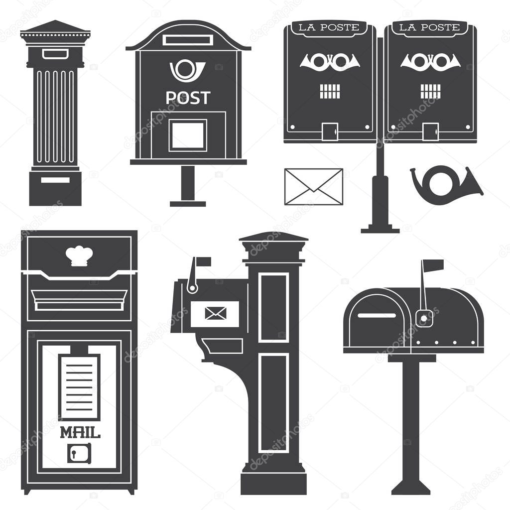 Vintage street mail post boxes and mailboxes icons. Outline monochrome letterboxes with envelope and horn symbols. Mailing and correspondence receiving logo templates.