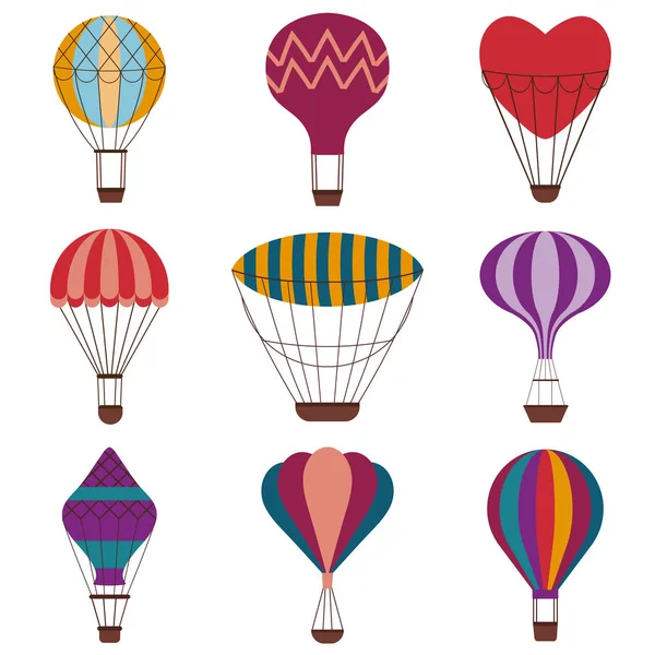 Gorące powietrze balony kolorowy zestaw ikon — Wektor stockowy