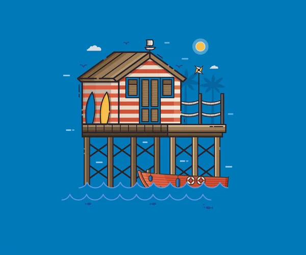 Červená rybář chůda dům a lodi — Stockový vektor