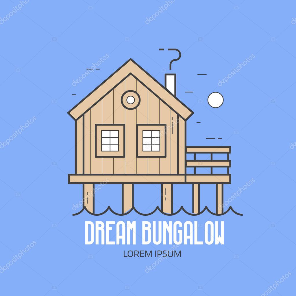 Seaside hotel logo or label template in linear style. Summer resort logotype with sea stilt house. Beach pier wooden bungalow icon.