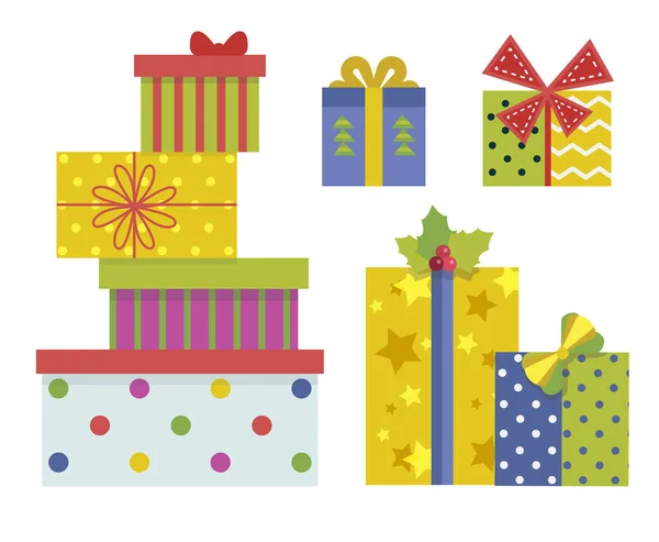 Χριστουγεννιάτικα κουτιά δώρου με κορδέλες και φιόγκους — Διανυσματικό Αρχείο