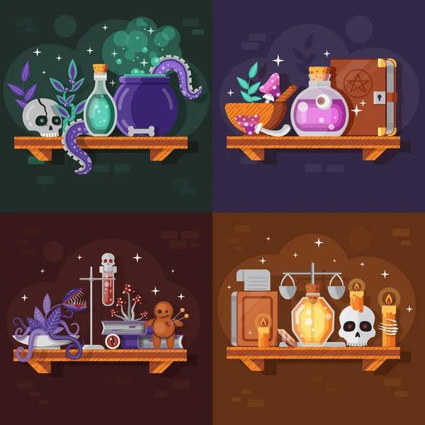 Bouteilles de potion magique et ingrédients Flat Collection — Image vectorielle