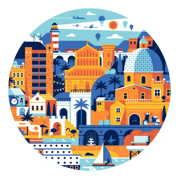 Summer Mediterranean Town Circle poszter vagy nyomtatás — Stock Vector