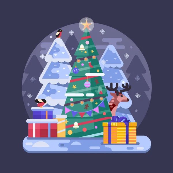 Flach geschmückter Weihnachtsbaum mit Weihnachtsgeschenken — Stockvektor