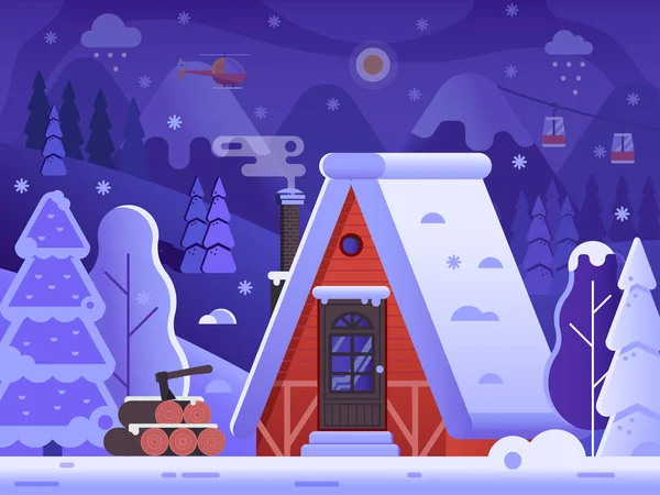 Casa de registro de invierno nevado en el paisaje forestal — Vector de stock